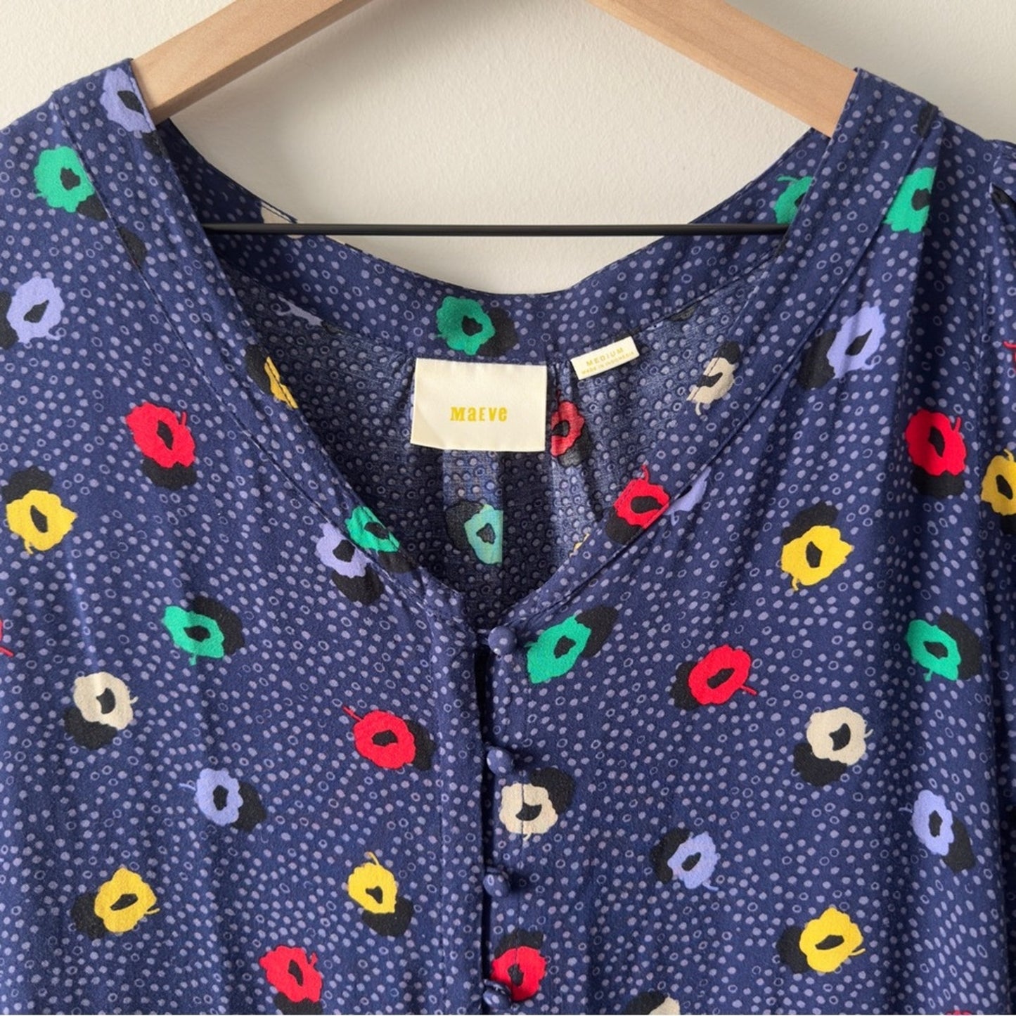 Maeve Anthropologie Button Down Front Colorful Blue Spotted Tunic Top Multicolor