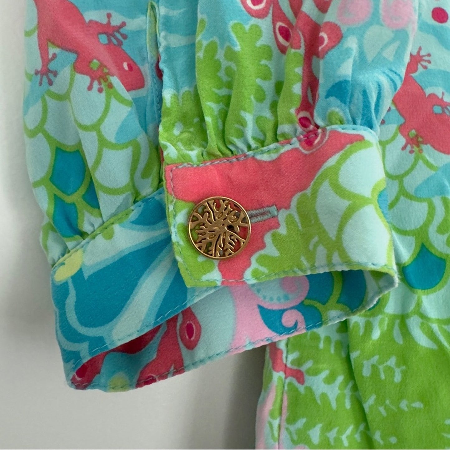 Lilly Pulitzer 100% Silk Mini Dress Beach Floral Lizard Print Preppy 3/4 Sleeve