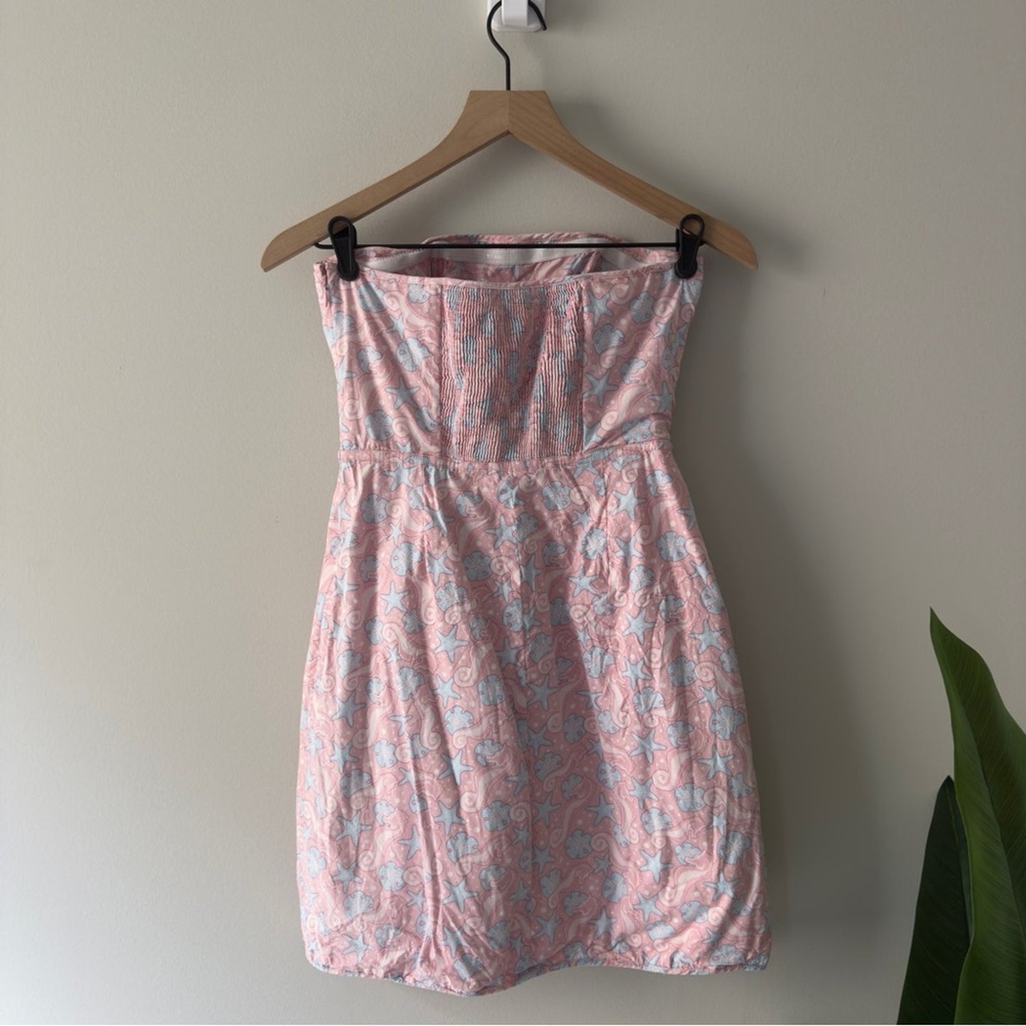 Vineyard Vines Seahorse Print Y2K Strapless Pink mini Dress sand dollar starfish