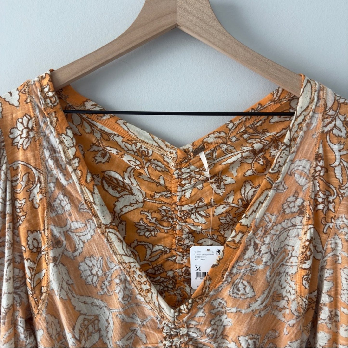 Free People Say the Word Top in Blood Orange Combo Floral Ruched long sleeve NWT