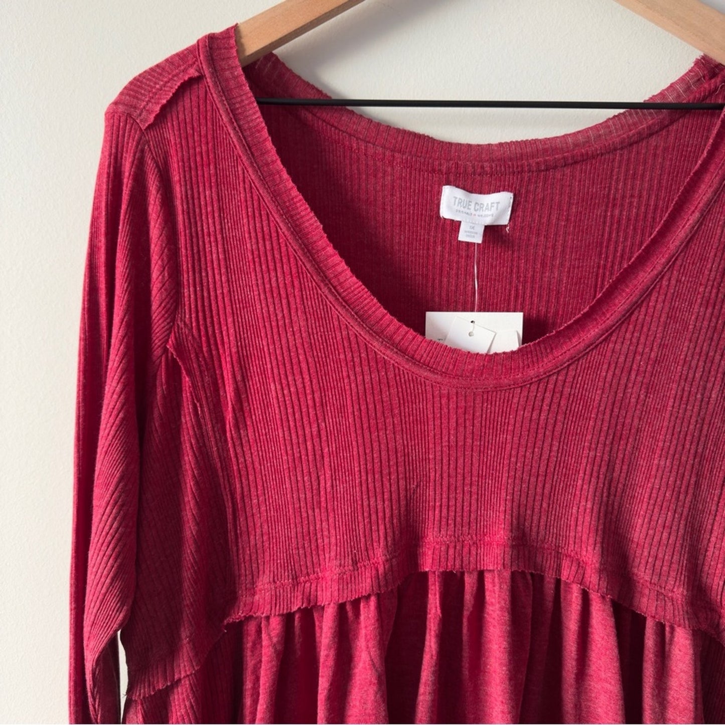 True Craft Red Babydoll Top Long Sleeve round neck cotton blend solid ribbed NWT