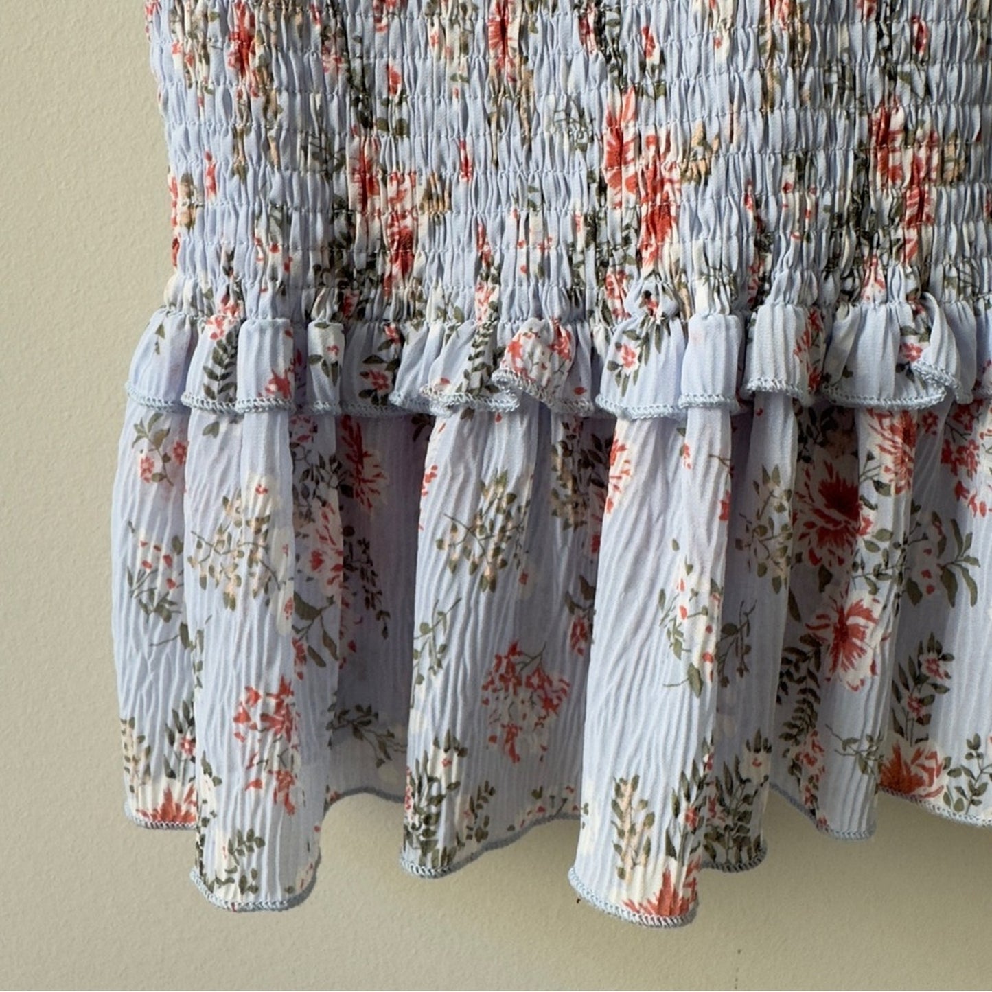 Anthropologie Mable Asher Smocked Midi Dress Blue Floral Ruffle Tiered Bodycon M