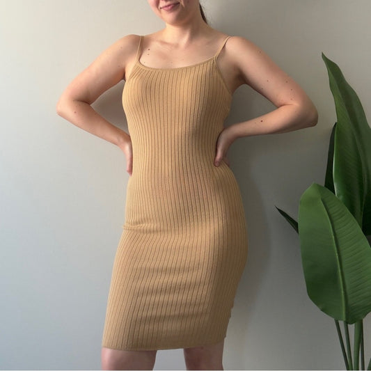 House of Harlow 1960 Revolve Tan Ribbed Mini Dress adjustable spaghetti straps S