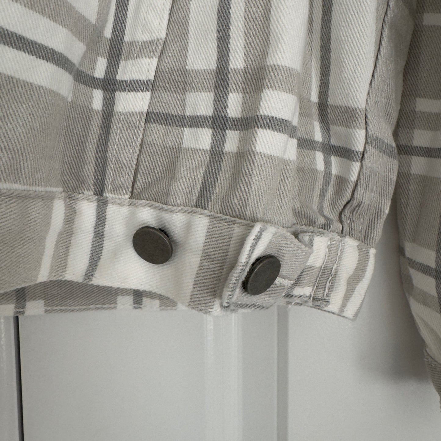 Princess Polly Brielle Denim Jacket in Beige Check Plaid Button Down 100% Cotton