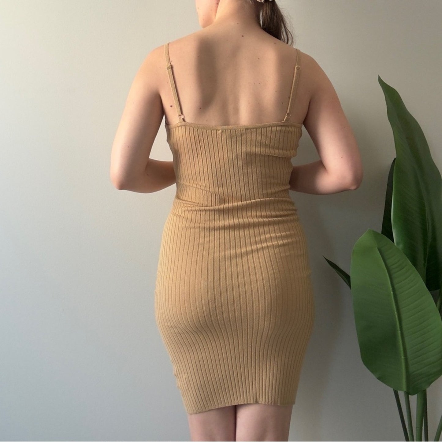 House of Harlow 1960 Revolve Tan Ribbed Mini Dress adjustable spaghetti straps S