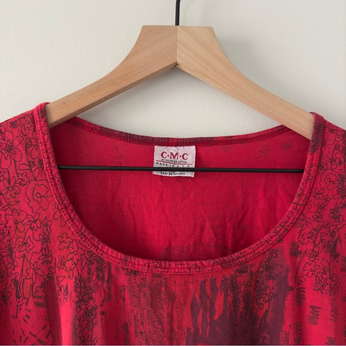 Vintage patchwork style button front Red babydoll Top 3/4 sleeves high low hem L