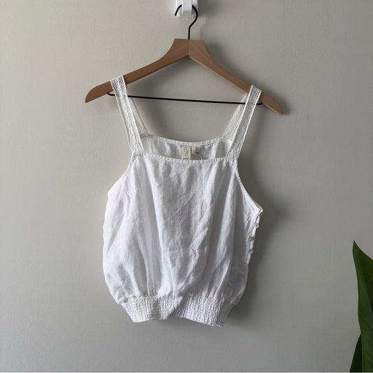 Joie 100% Linen White Smocked Waist Tank Top Sleeveless lace straps button side