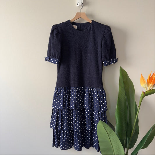 Vintage 1980s David Warren Union Label Dress Drop Waist Polka Dot bow sleeve EUC