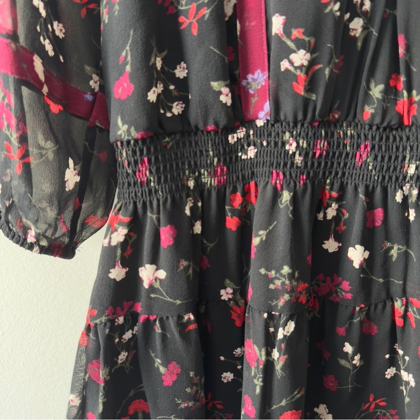 Joie Elegant Silk Dress smocked drop waist black red floral button up lined EUC
