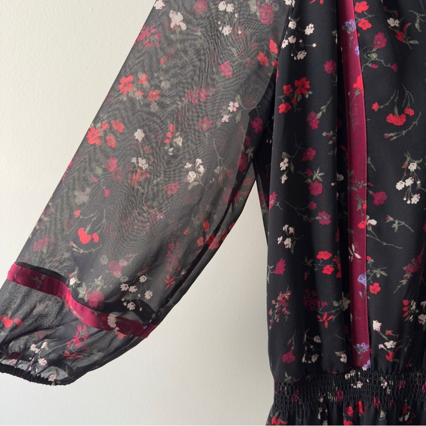 Joie Elegant Silk Dress smocked drop waist black red floral button up lined EUC