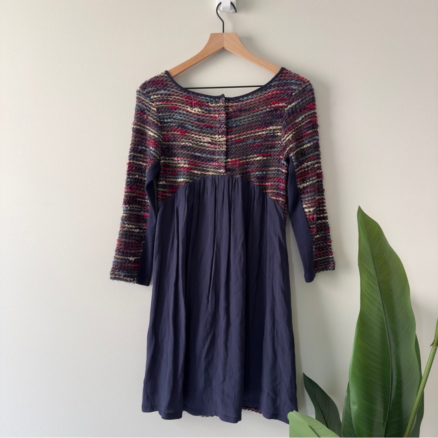 Anthropologie Maeve Multicolor Knit Dress 3/4 Sleeve button up back A-Line lined