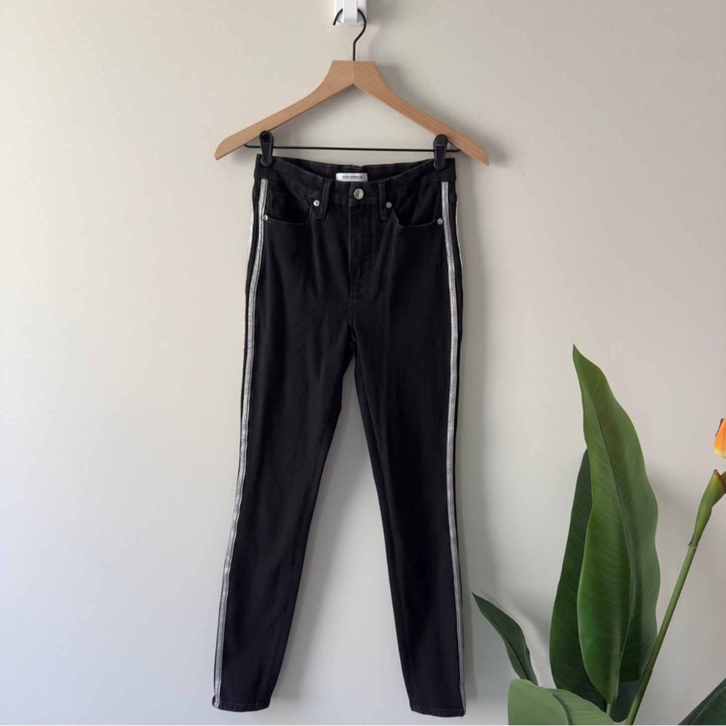 Good American Good Legs Black Skinny Jeans silver sparkle Side Stripes stretch 6