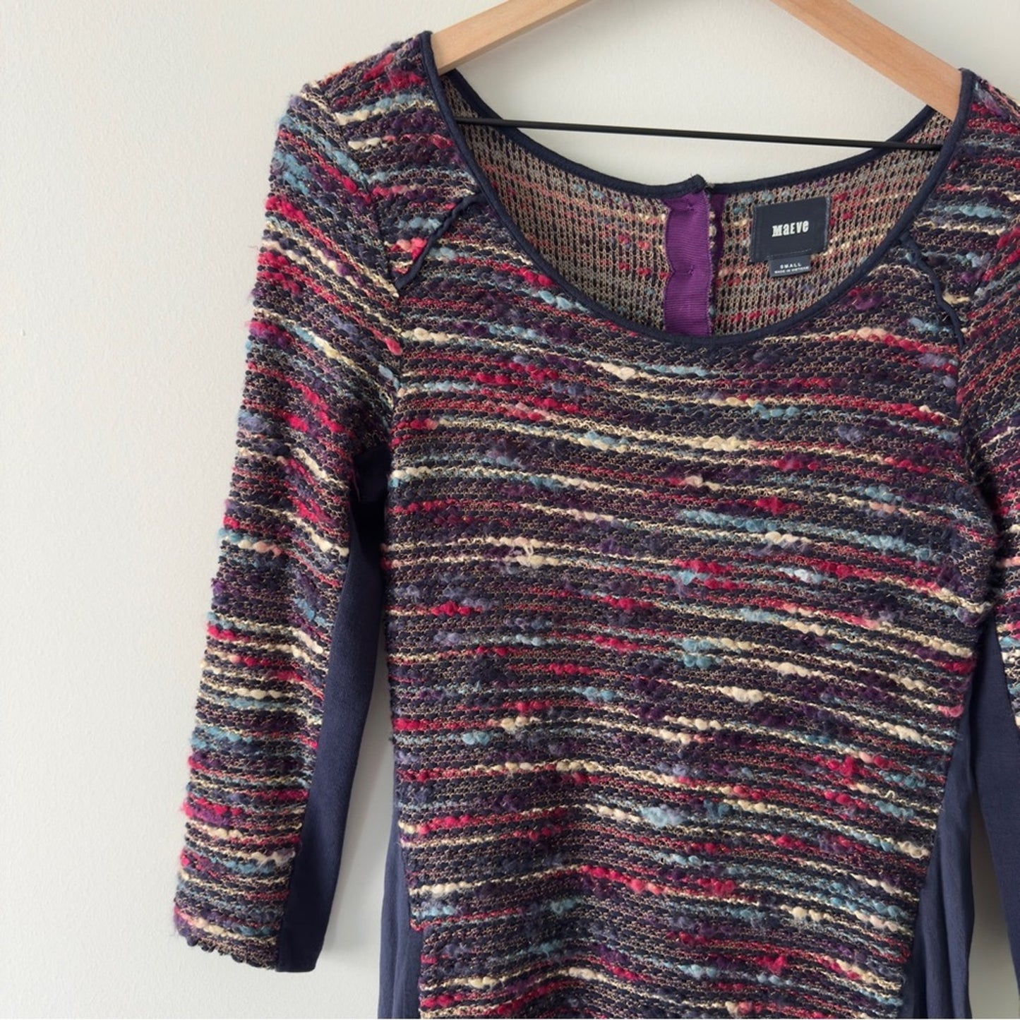 Anthropologie Maeve Multicolor Knit Dress 3/4 Sleeve button up back A-Line lined