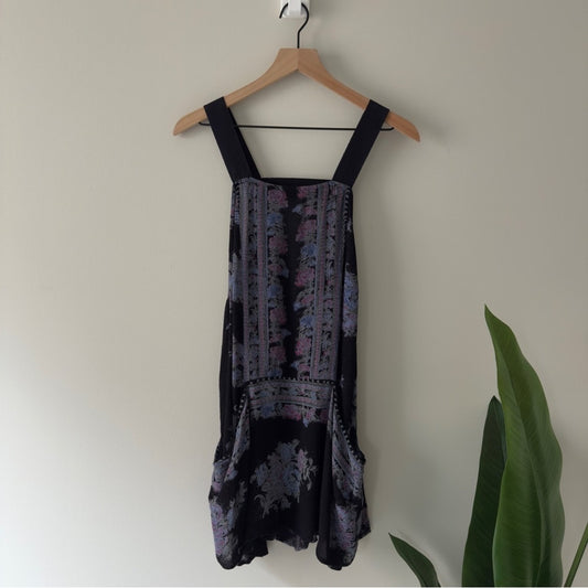 Free People Paradise Song Dress Black Floral Sleeveless mini pockets bohemian S