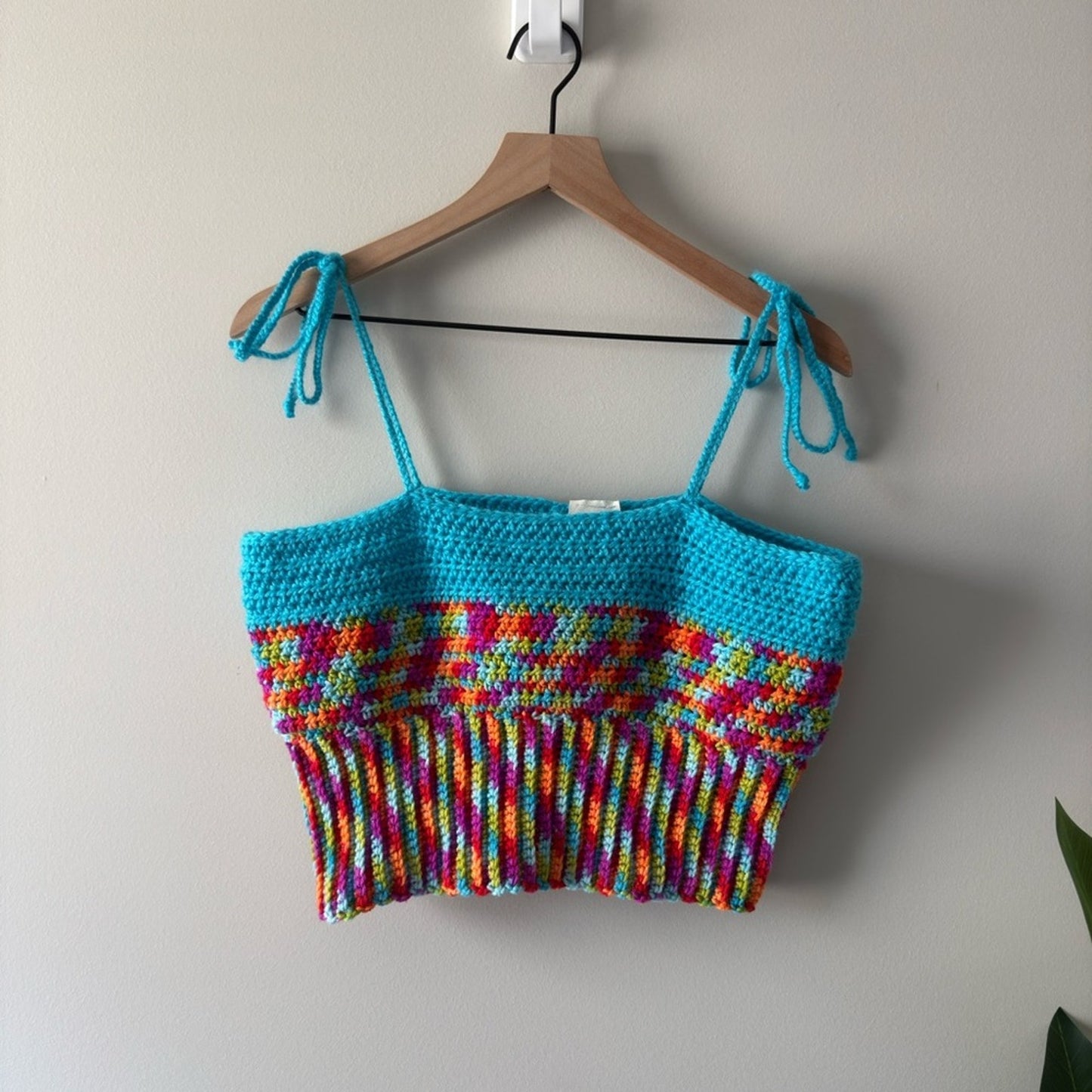 Handmade Crochet Adjustable Tie Strap Crop Top 100% Recycled Rainbow Tank Cami L