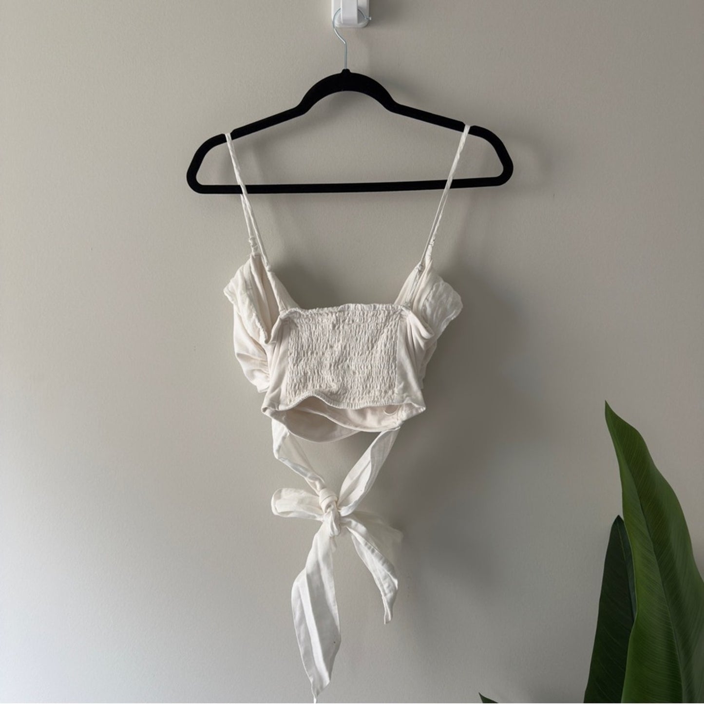 Anthropologie White tie wrap Smocked back crop Top adjustable spaghetti straps M