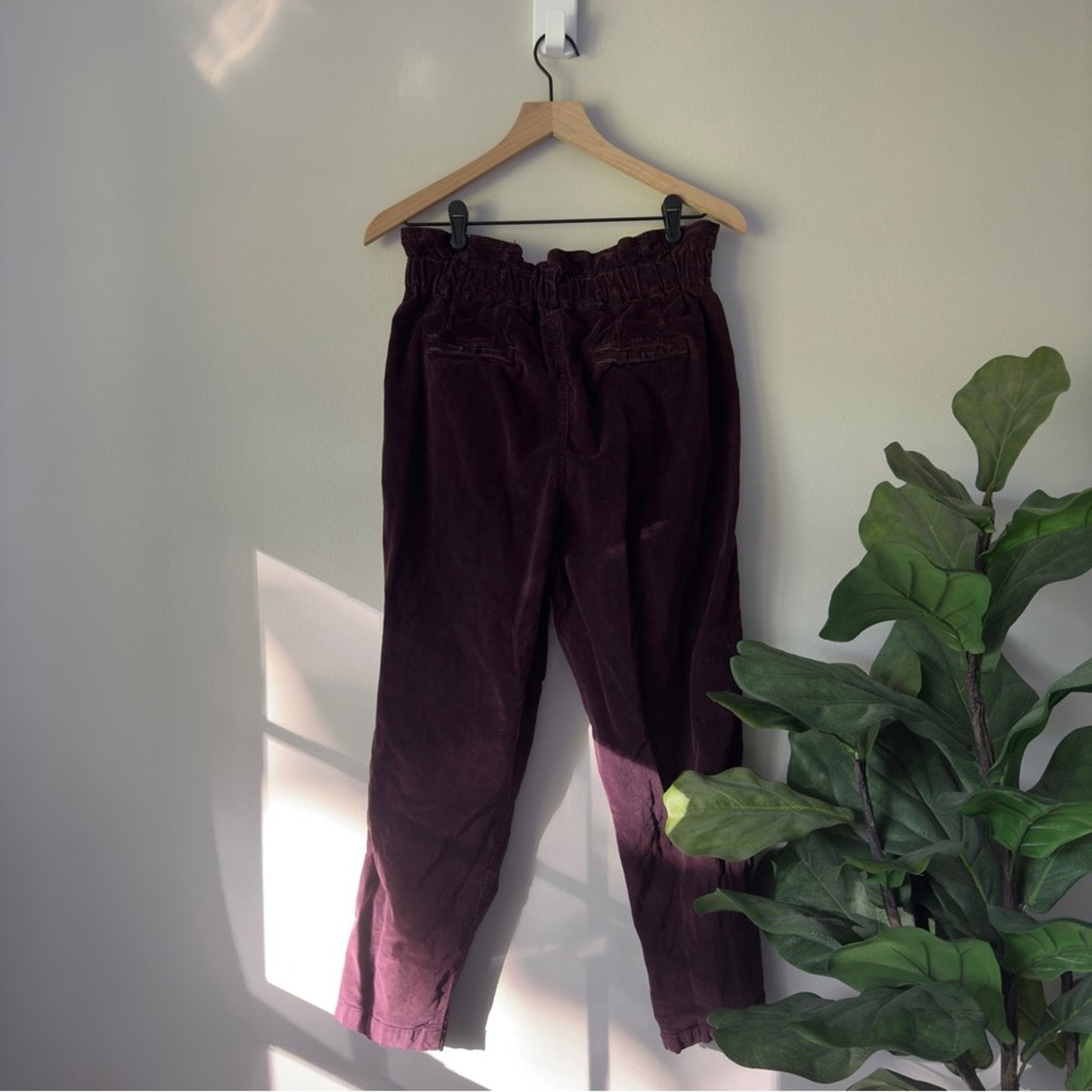 Free People Margate Corduroy Pants Burgundy Button Fly Paperbag Tie Waist Cords