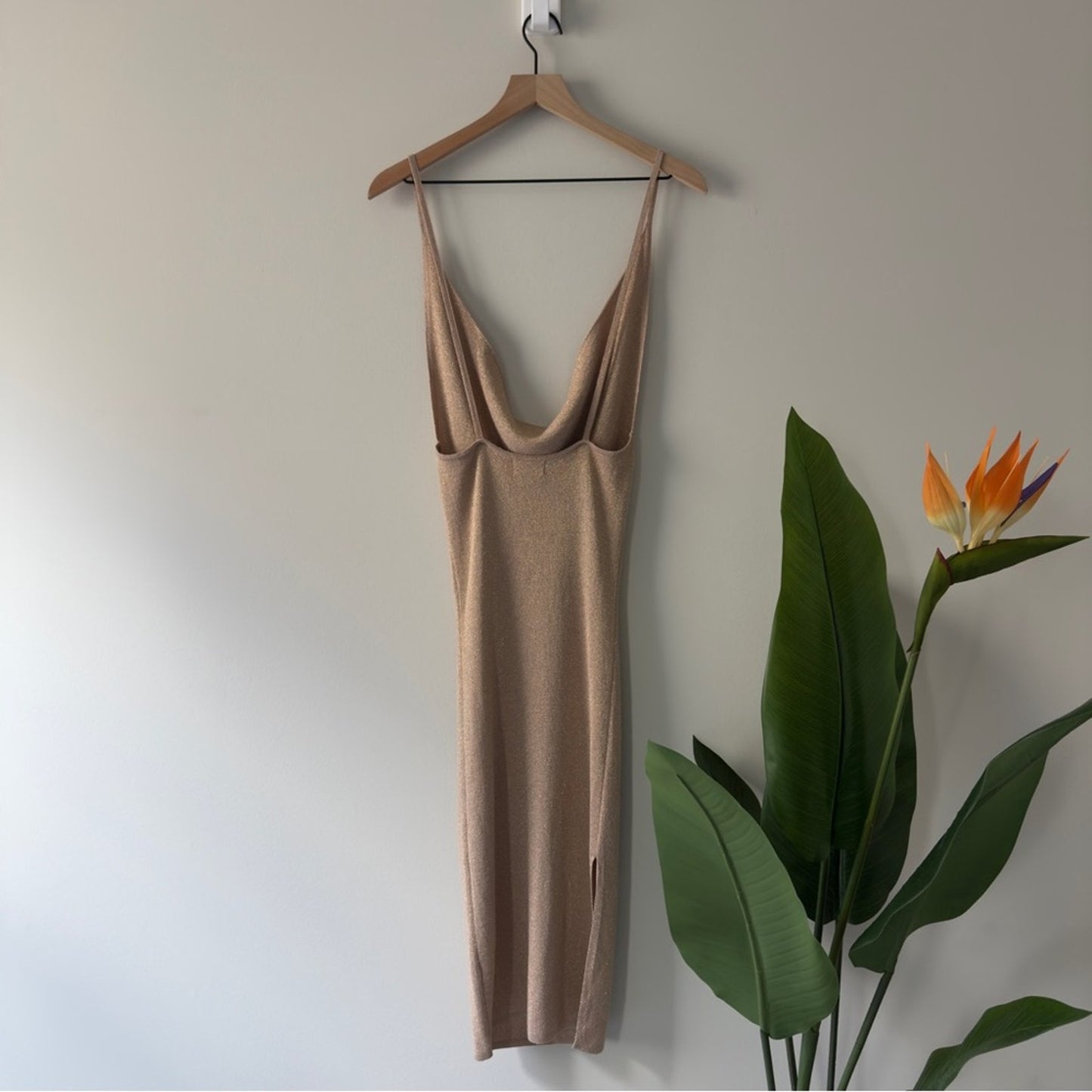 Revolve Superdown Tan fold shimmer Cowl Neck Slip Dress spaghetti strap metallic