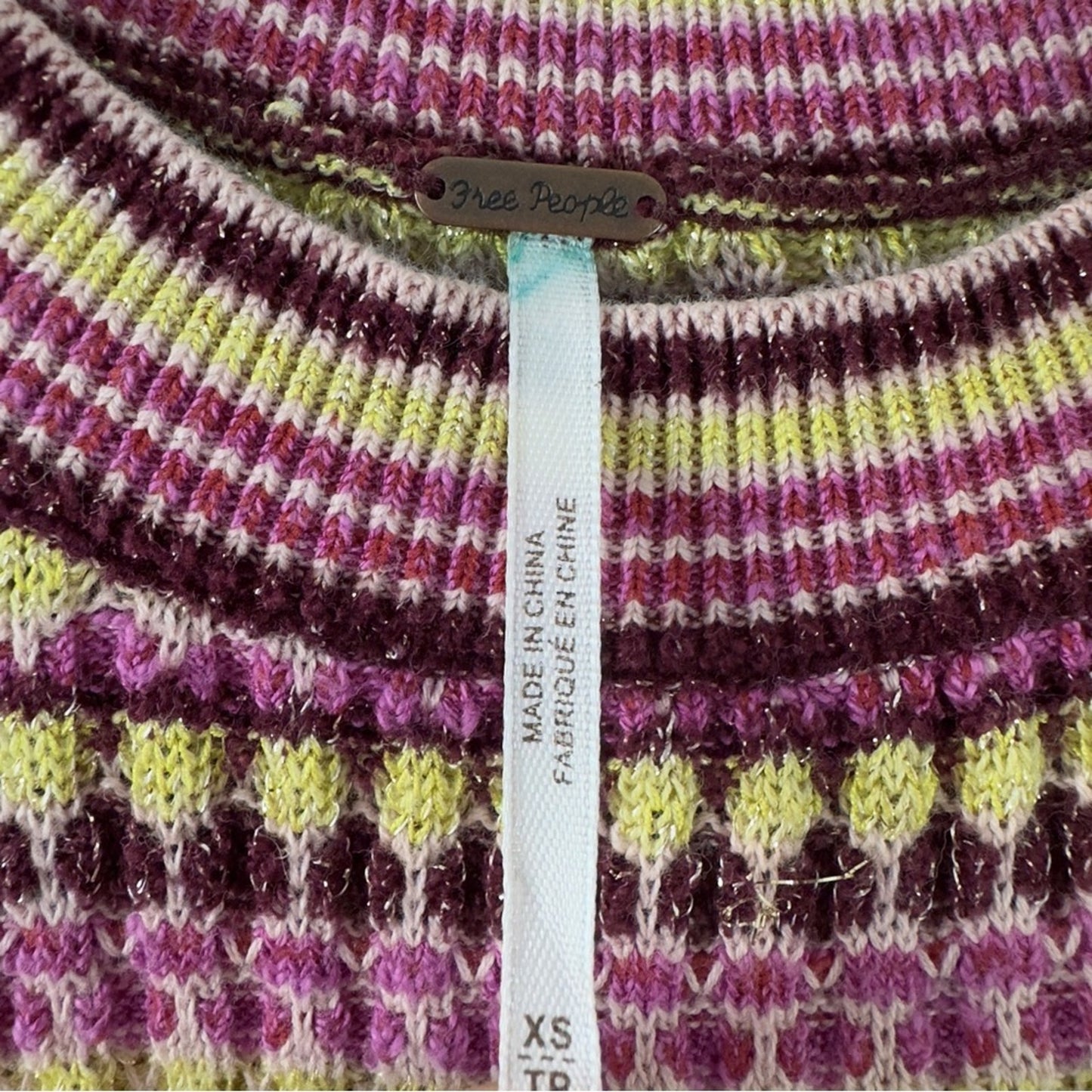 Free People metallic striped knit mini dress short sleeve high neck cotton EUC