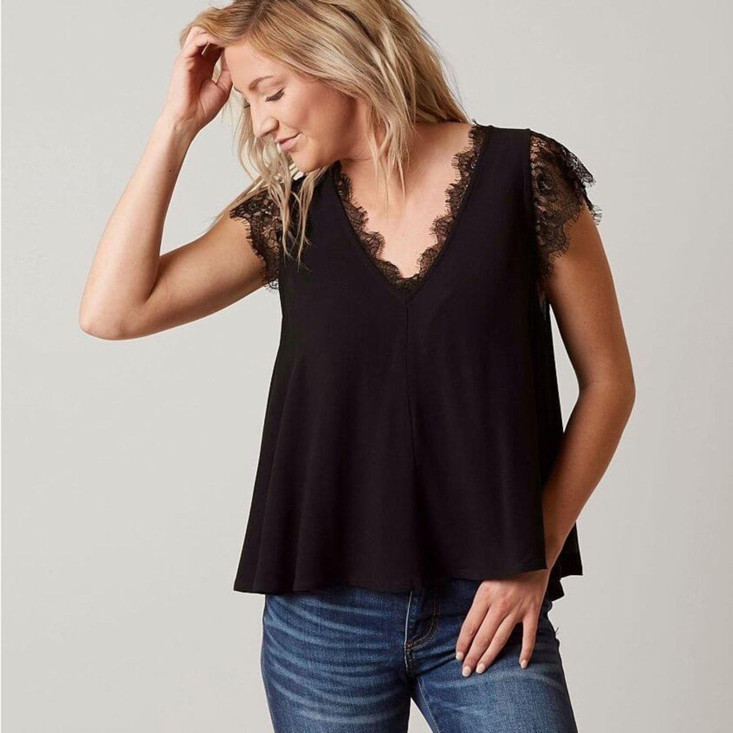 Free People Lovin’ On You Black Lace cap Sleeve Blouse v-neck solid cute minimal