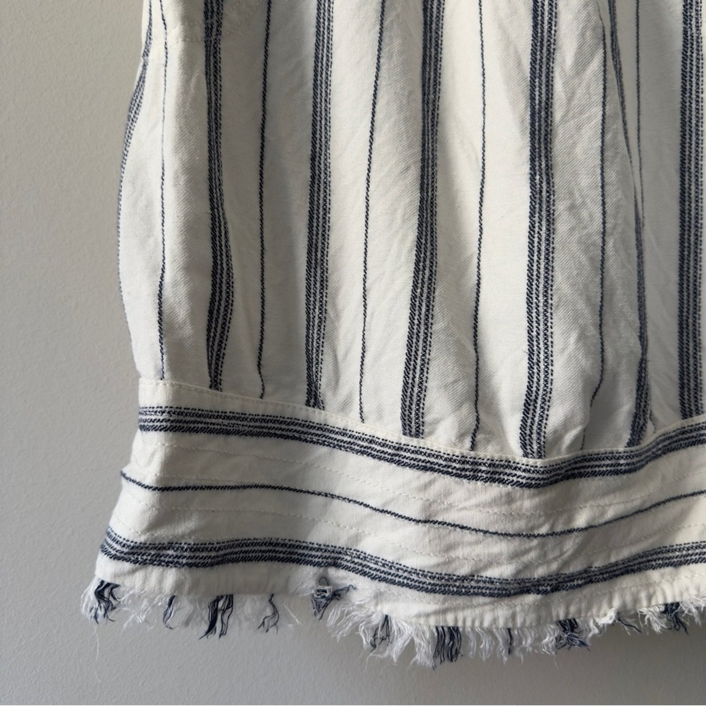 Anthropologie Akemi + Kin White Navy Striped Shift Dress Mini Fringe Hem buttons