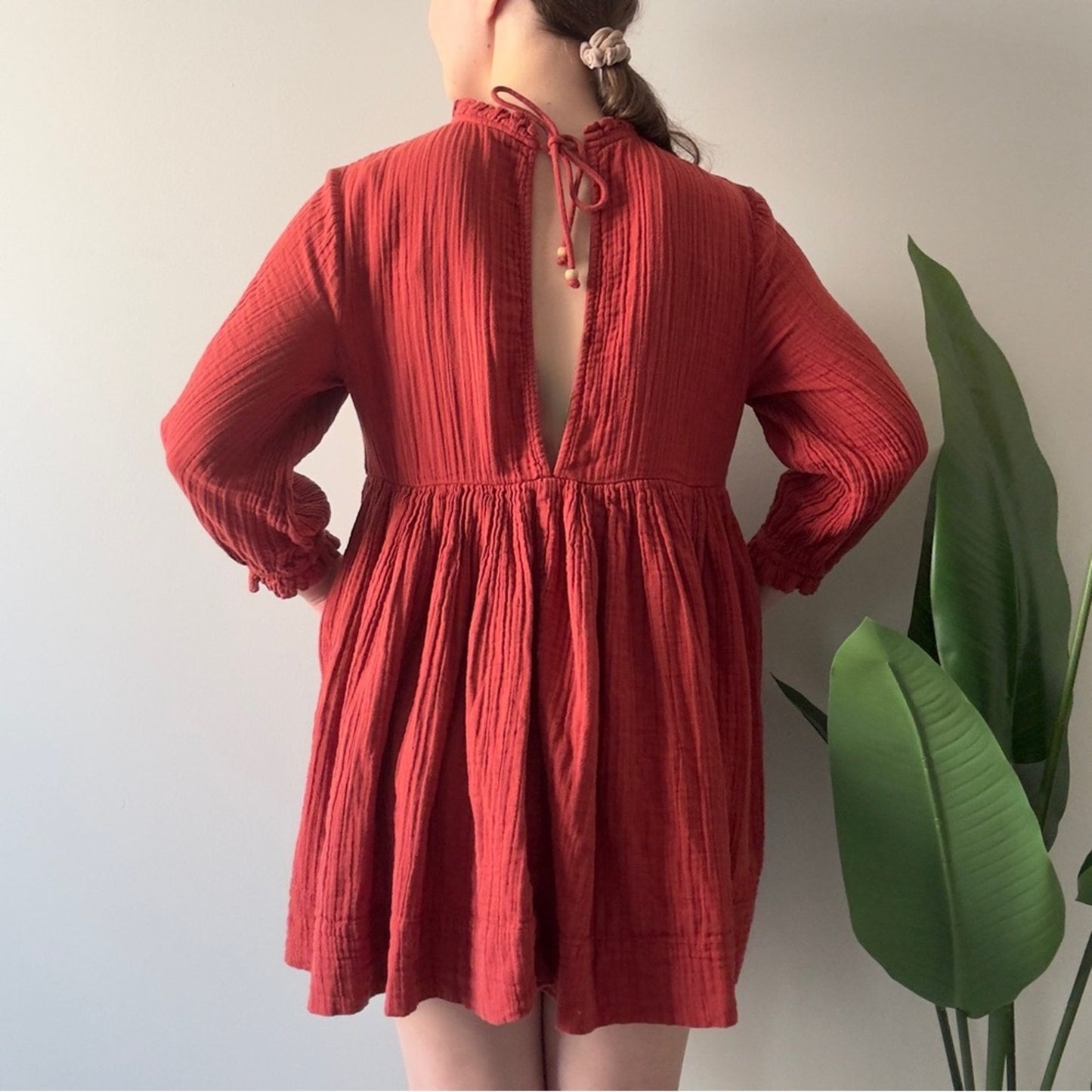 Free People 100% Cotton Terracotta Mini Dress gauze fabric keyhole tie ruffle S
