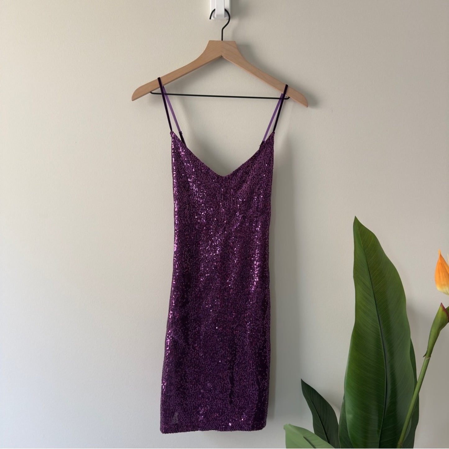 Betsey Johnson Purple Sequin spaghetti strap Sleeveless Bodycon mini Dress slit