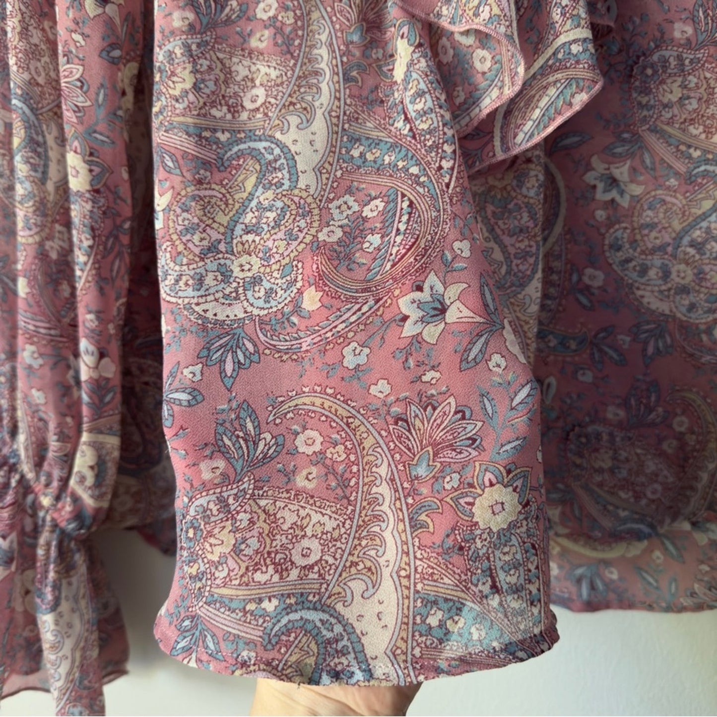 Show Me Your MuMu Sheer Long Sleeve Peasant Top Floral Paisley Lace Up Neckline