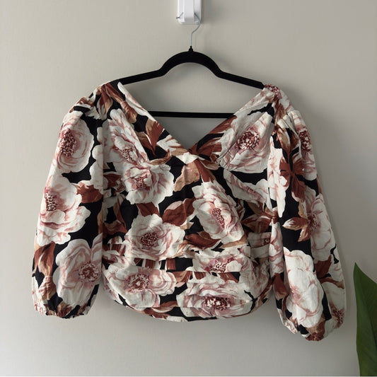 Express Floral Puff Sleeve Ruched pleated Crop top V-neck linen blend stretch XL
