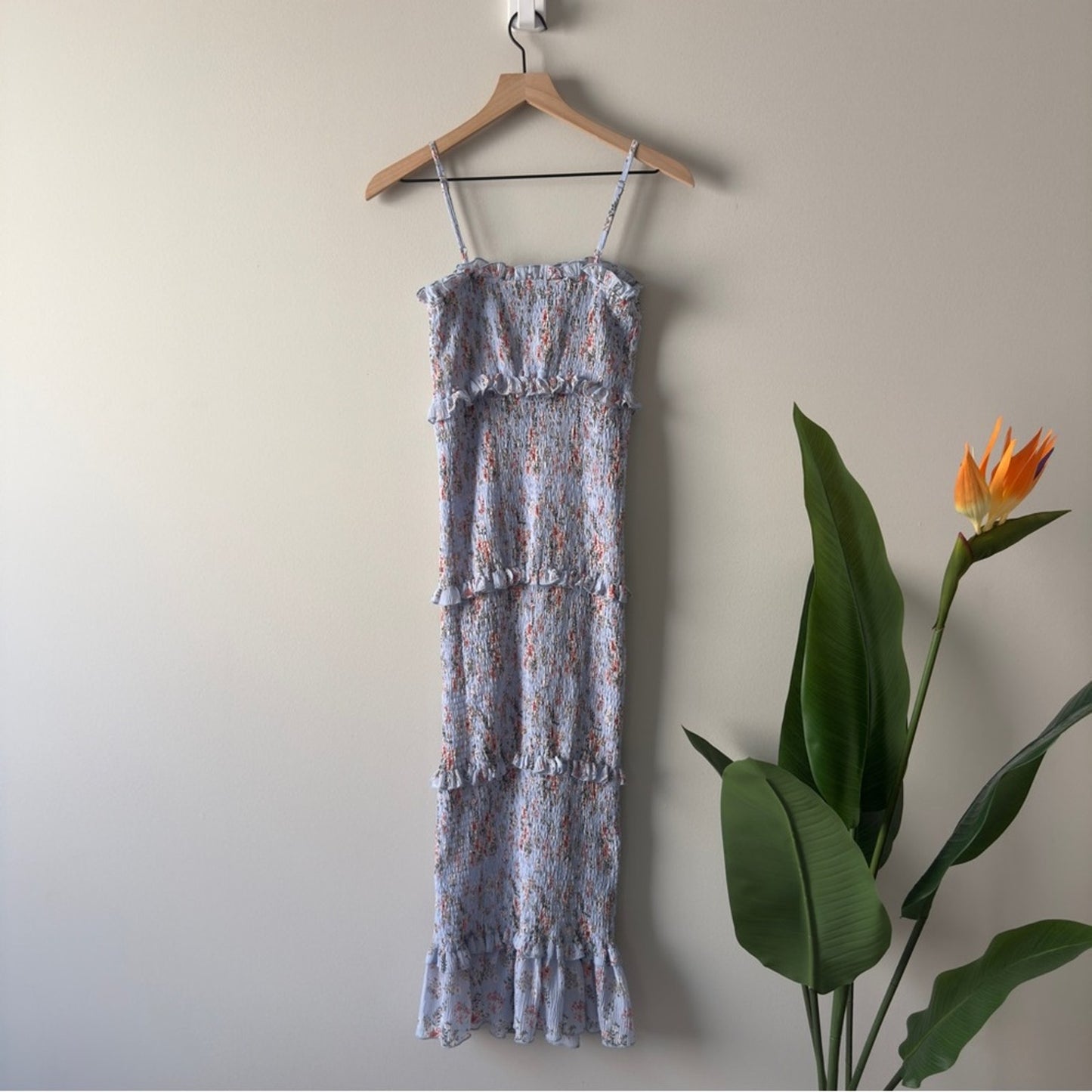 Anthropologie Mable Asher Smocked Midi Dress Blue Floral Ruffle Tiered Bodycon M