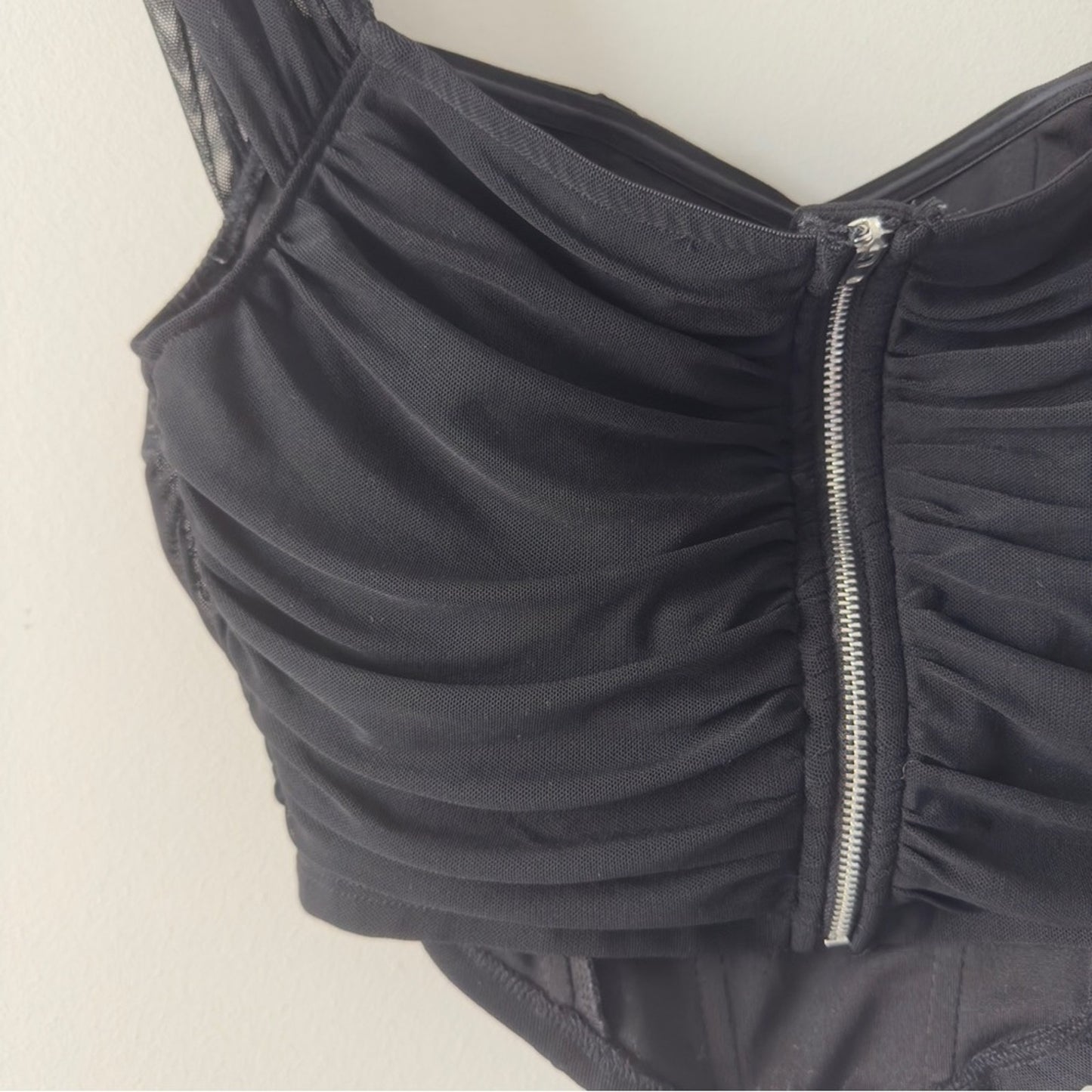 Shein Ruched Black Off-Shoulder Crop Top Corset Style Sleeveless Solid Zip Back