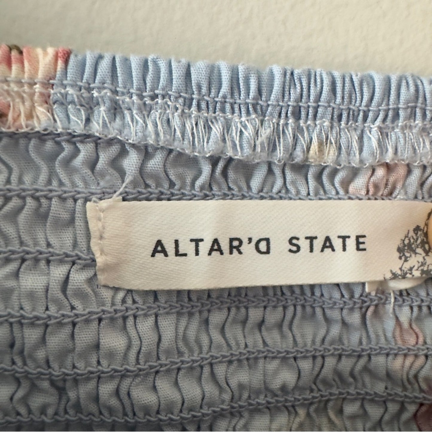 Altar’d State Floral Blue Puff Sleeve Mini Dress Scoop Neck Cutout Smocked Back