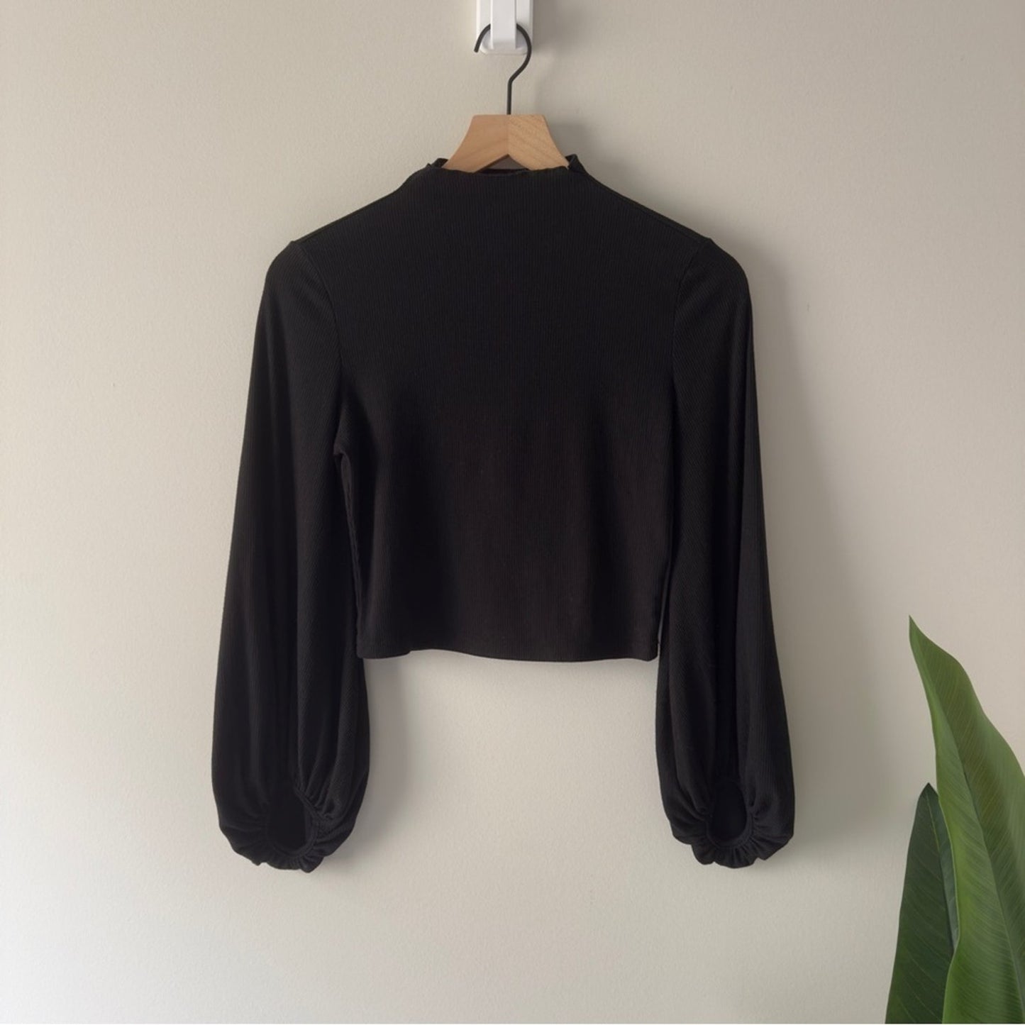 Balloon Sleeve Turtleneck Black Crop Top Long Sleeve Solid Ribbed Casual Minimal