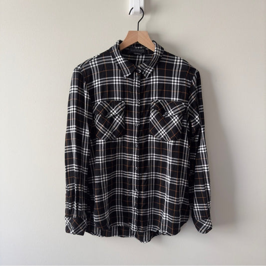 Sanctuary Anthropologie Plaid Button Down Shirt collared roll tab sleeve pockets