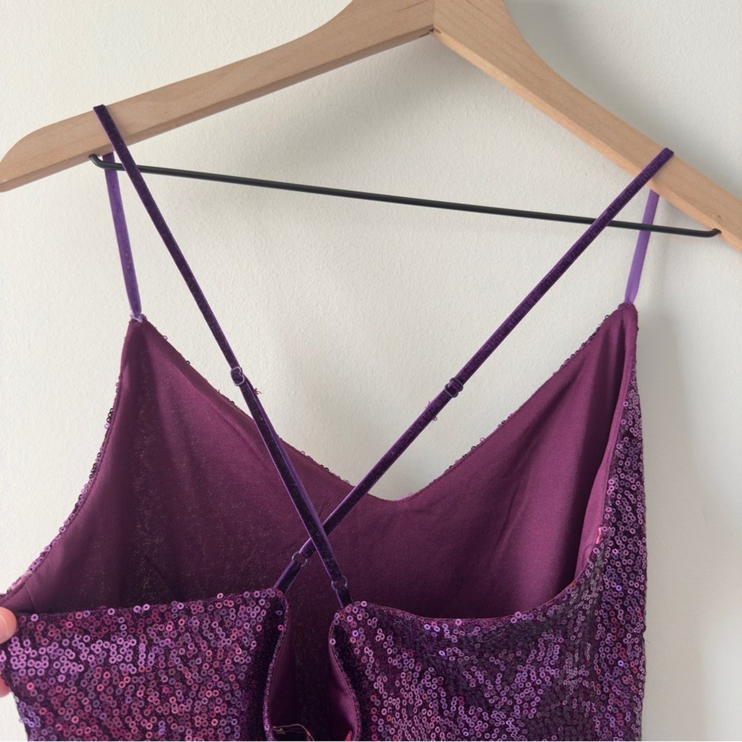 Betsey Johnson Purple Sequin spaghetti strap Sleeveless Bodycon mini Dress slit