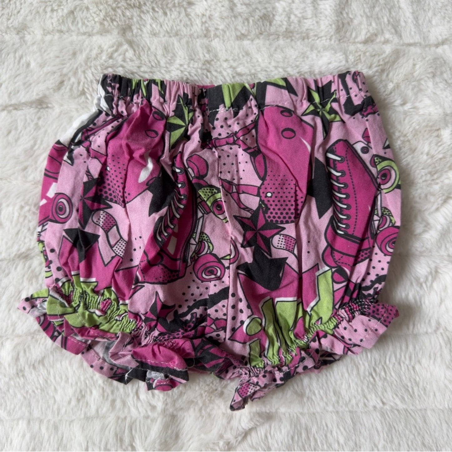 Handmade Bam! Roller Skate Pink Green Graphic Print Baby Girl bloomers shorts