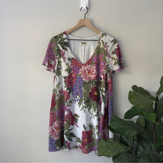 Show Me Your MuMu Floral Flutter Sleeve Mini Dress Scoop V-Neck Lined Flowy EUC