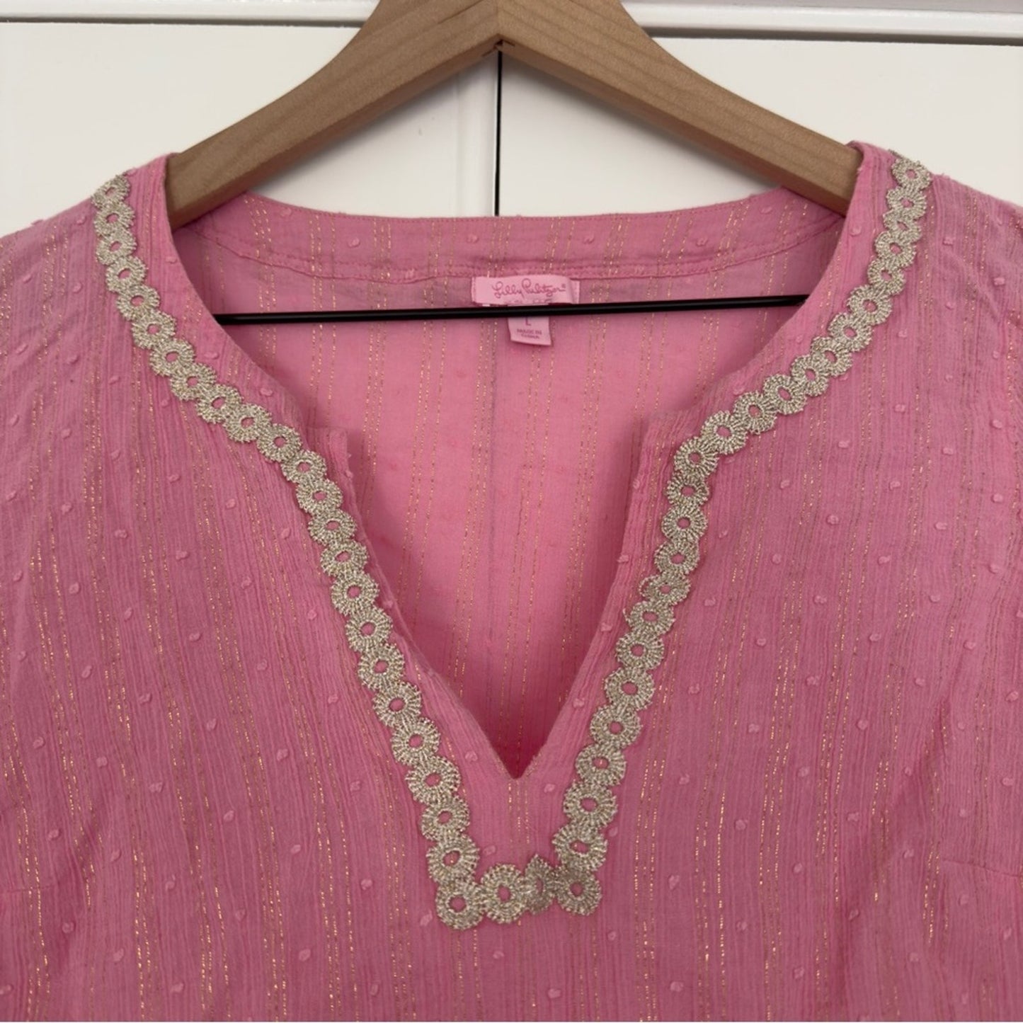 Lilly Pulitzer Pink Gold Metallic Tunic Dress 3/4 Sleeve Slit Embroidered Lace L
