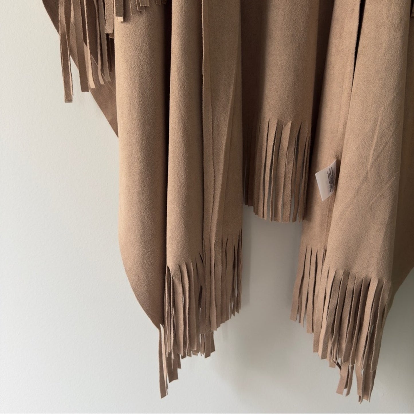 Anthropologie Andersen & Lauth Faux Suede Poncho Tan Open Front with Fringe hem