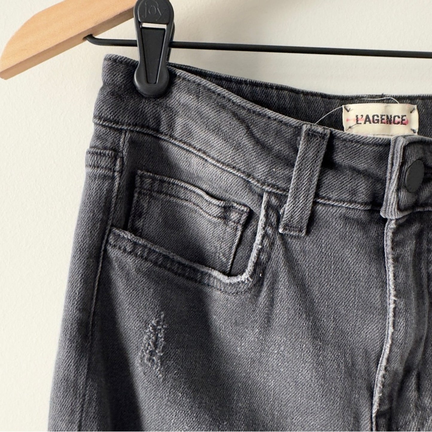 L’Agence Distressed High-Rise Dark Gray Jeans Ripped Destroyed Made in USA zip