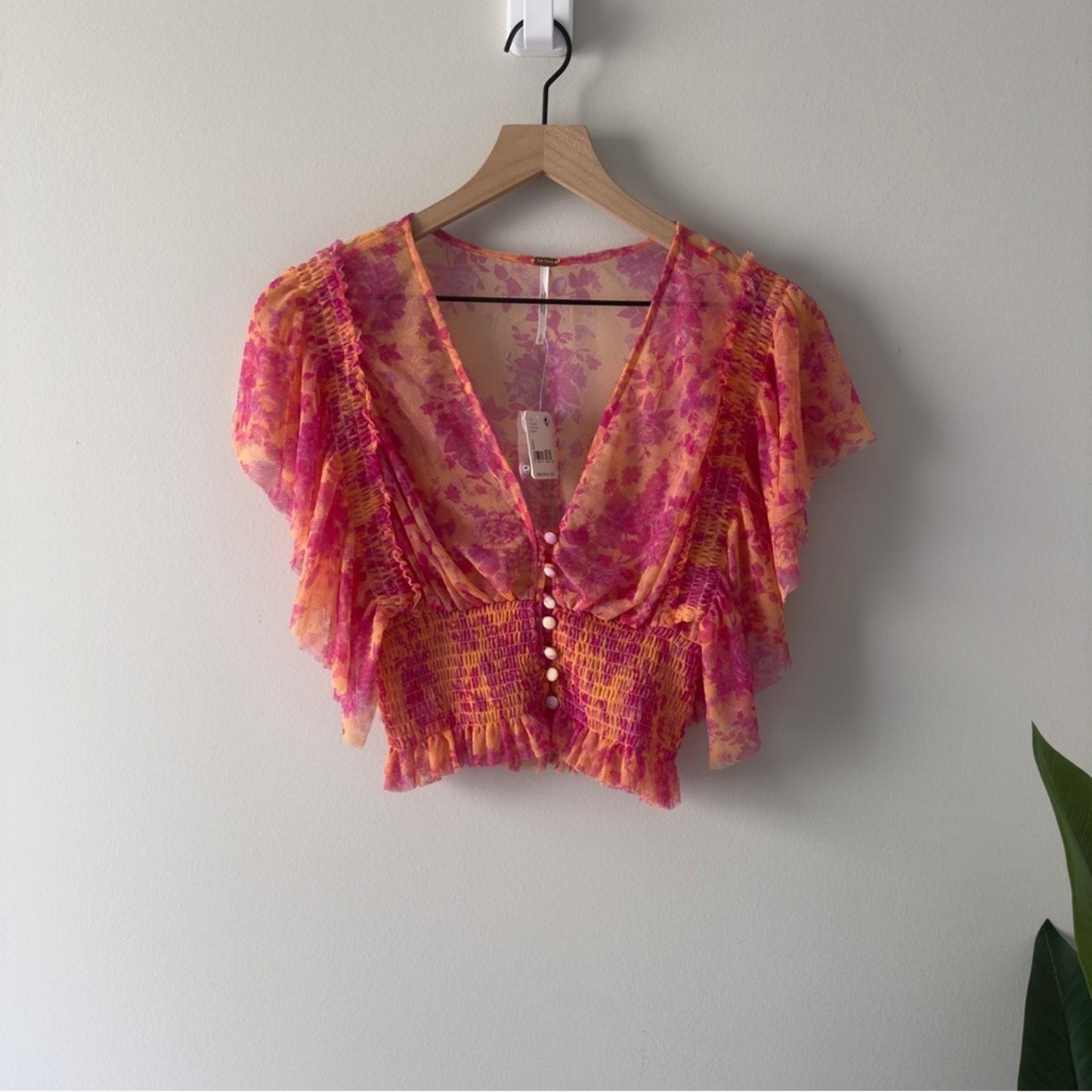 Free People Sugar Top in Hot Tropics Floral Pink Orange Top Fairycore Button NWT