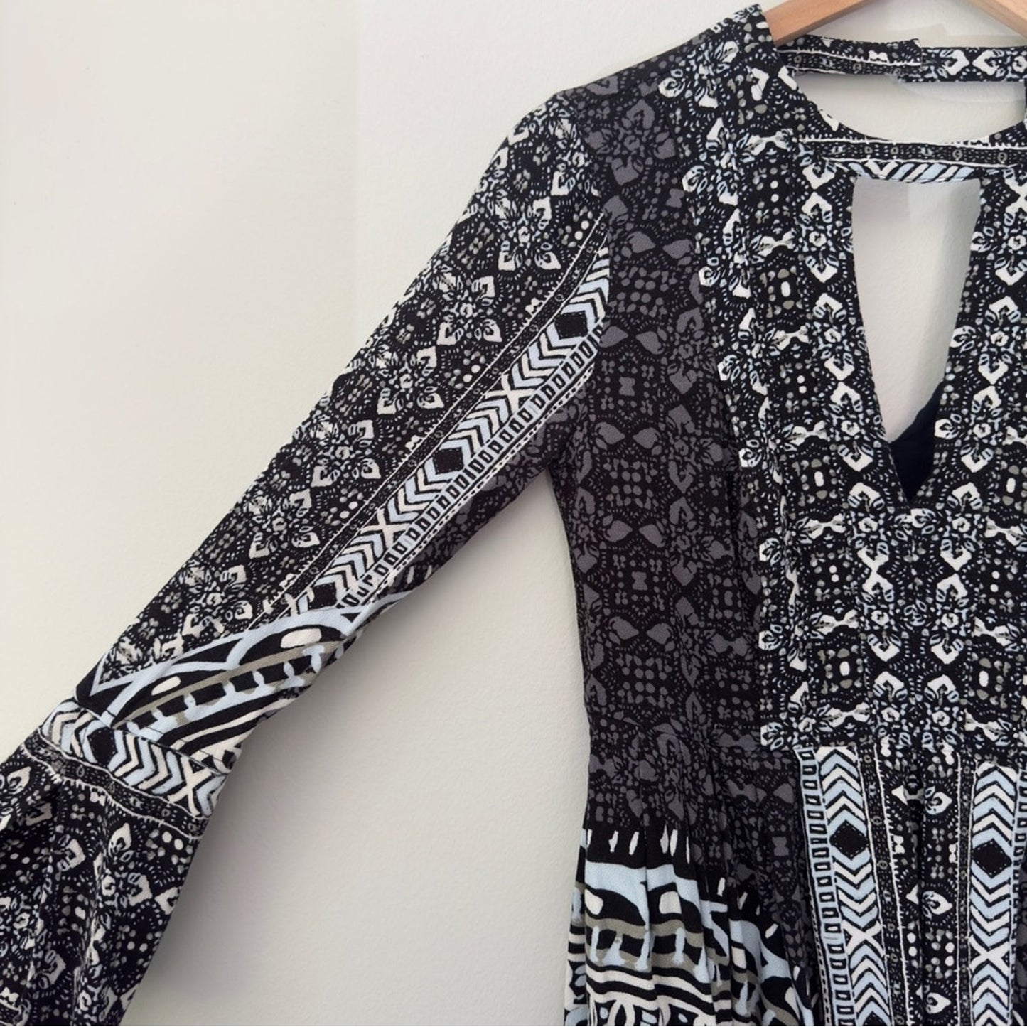 Free People Tegan Border Print Mini Dress Long Bell Sleeves Cutout V-Neck A-Line