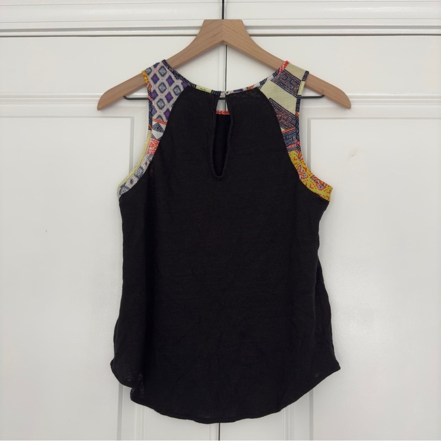 Sanctuary Linen Sleeveless Tank Top Aztec Patchwork Button Keyhole Back Summer