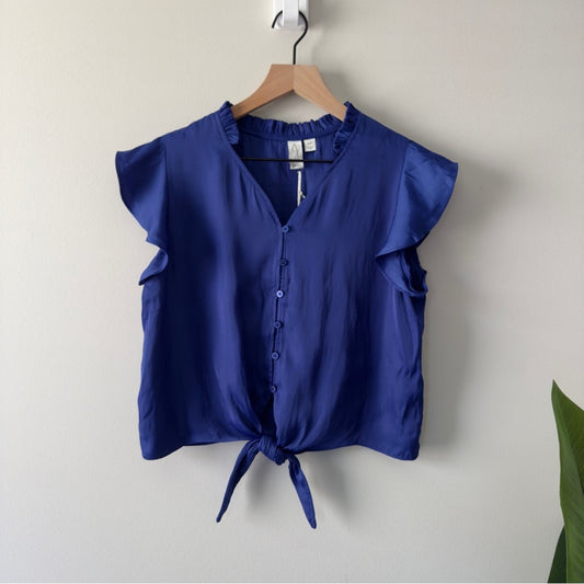 Joie Blue Flutter Sleeve Blouse Tie Front Button down Ruffle V-Neck Solid blue S