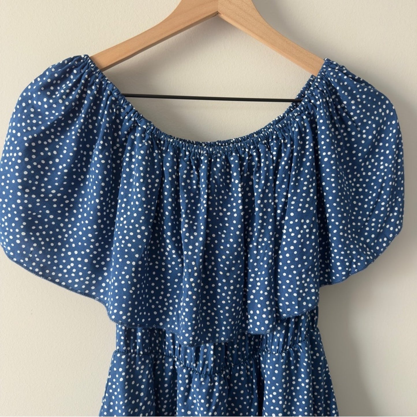 NWT Vernacular Off the Shoulder Blue White Polka Dot Dress Tiered Romantic Midi