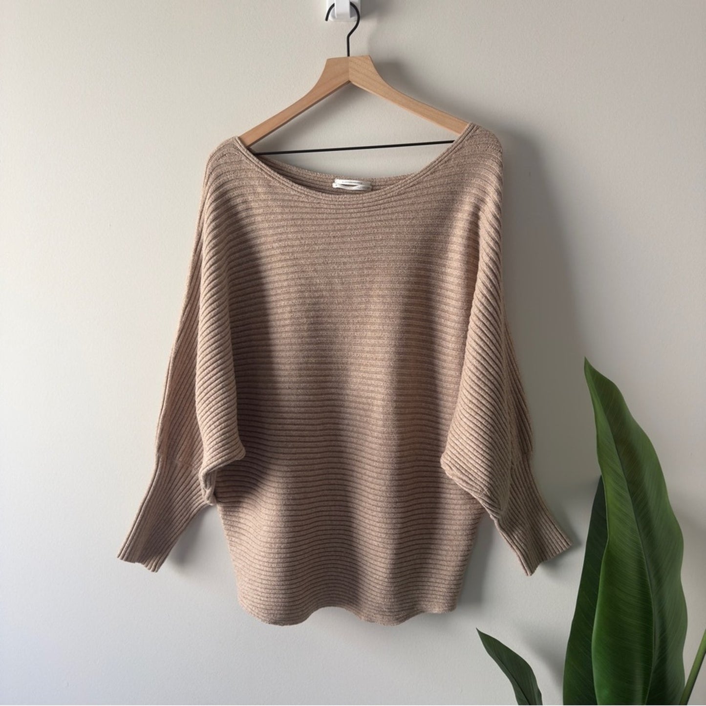 Anthropologie Beige Tan Ribbed Crew Sweater Batwing Long Sleeve Solid Autumn 2X