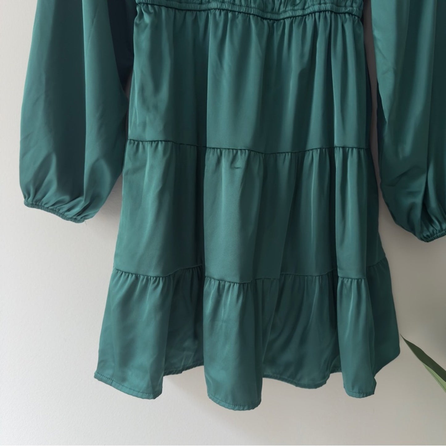Altar’d State Emerald Green Long Sleeve Dress Tiered A-Lined Square Neck Ruched