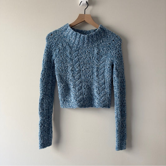 Free People Avalon Cropped Pullover Sweater in Blue Marine Long Sleeve open knit