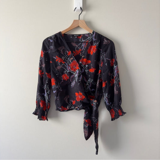 Madewell 100% Silk Wrap Top snaps smocked cuff sleeve tie floral lightweight XXS