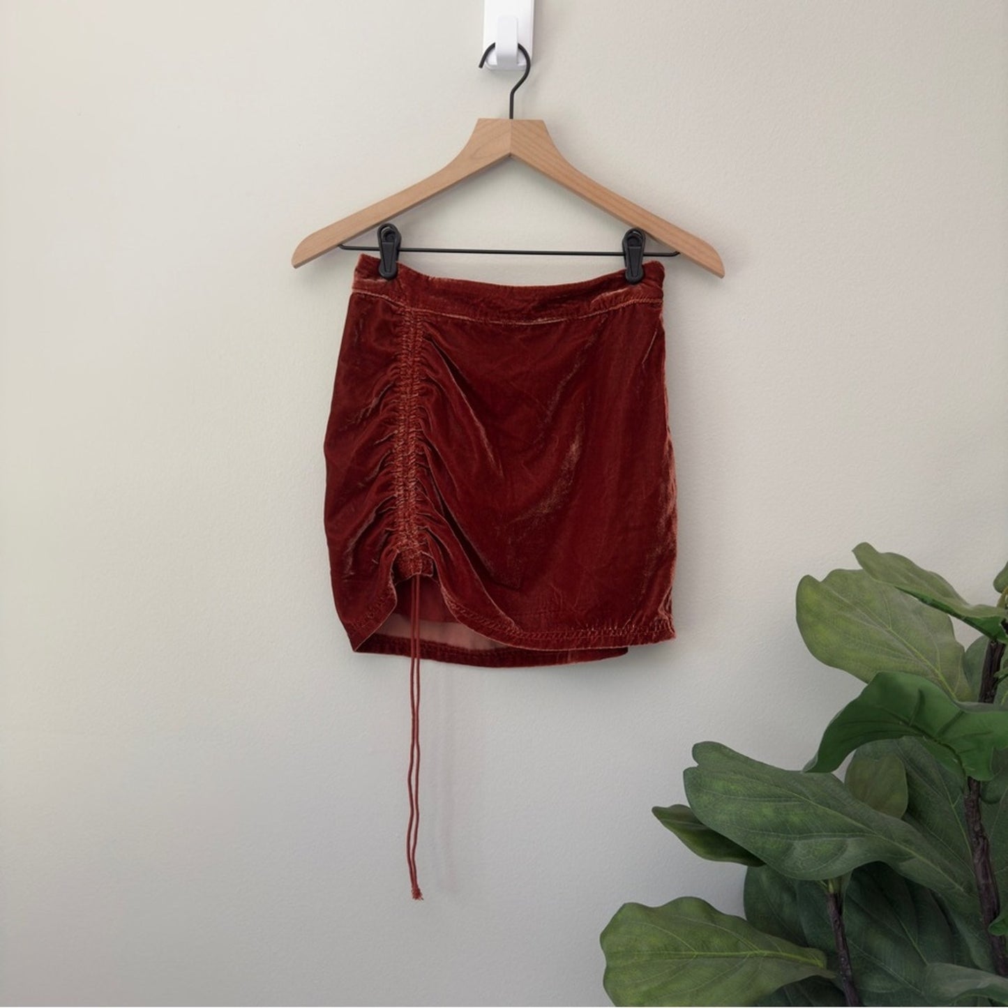 Free People Ruched Velvet Mini Skirt Adjustable Tie Hem Zipper Zip Up Side Brown
